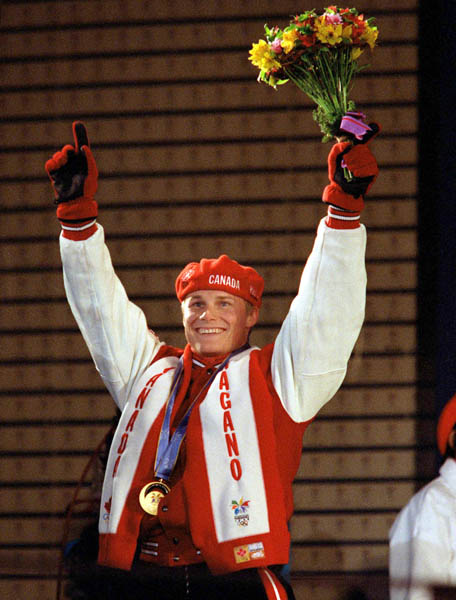 Canada's Ross Rebagliati celebrates after winning the gold medal in the snowboard event at the 1998 Nagano Olympic Games. (CP Photo/ COA)