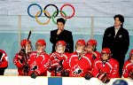 Canada's women hockey coaches Shannon Miller (left) and Daniele Sauvageau give instructions at the 1998 Nagano Winter Olympics. (CP PHOTO/COA/Mike Ridewood)