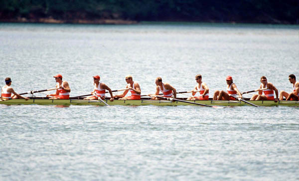 Canada's Men's 8+ rowing team compete at the 1996 Atlanta Summer Olympic Games. (CP Photo/COA/Claus Andersen)