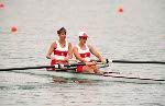 Canada's Anna Van Der Kamp (right) and Emma Robinson compete in the women's 2x rowing event at the 1996 Atlanta Summer Olympic Games. (CP Photo/COA/Mike Ridewood)