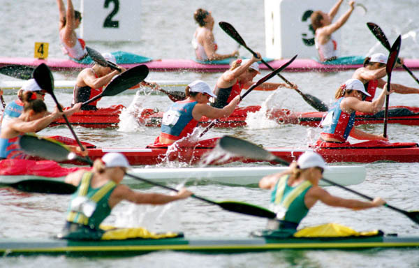 Canada's women's kayak sprint team competes at the 1996 Atlanta Olympic Games. (CP Photo/COA/Mike Ridewood)