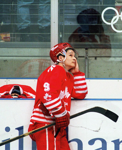 Paul Kariya participates in hockey action at the 1994 Winter Olympics in Lillehammer. (CP Photo/COA/Claus Andersen)