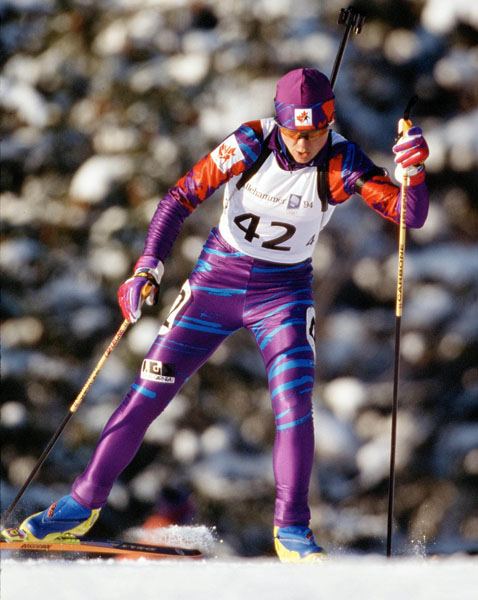 Canada's Lise Meloche competes in the biathlon event at the 1994 Lillehammer Olympic winter Games. (CP Photo/COA/Ted Grant)
