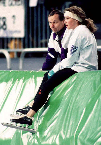 Canada's Jack Walters (coach) and Linda Johnson exchange words during the speed skating event at the 1994 Lillehammer Winter Olympics. (CP Photo/ COA/F. Scott Grant)