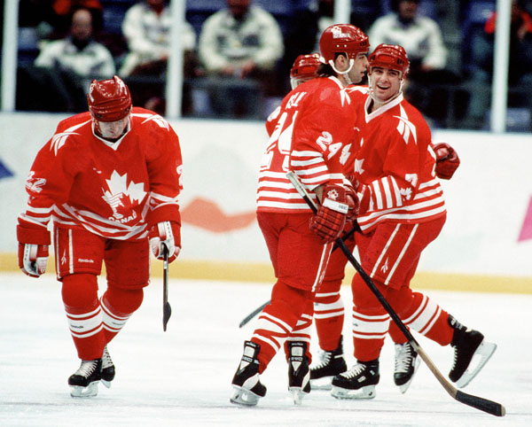 Team Canada competes in hockey action at the 1994 Winter Olympics in Lillehammer. (CP Photo/COA/Claus Andersen)