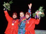 Canada's Philippe Laroche (left) and Lloyd Langlois (right) celebrate after winning respectively silver and bronze medals in the men's freestyle ski aerials event at the 1994 Lillehammer Winter Olympics. (CP Photo/ COA/Claus Andersen)