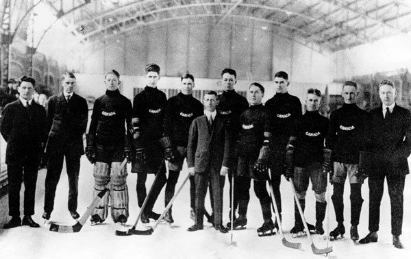 Canada's Winnipeg Falcons, gold medal recepients, pose at the 1920 Antwerp Olympics. (CP Photo/COA)