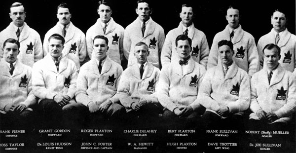 The University of Toronto Graduates, representing Canada, participate at the 1928 St. Moritz Olympics. From left (top), Frank Fisher, Grant Gordon, Roger Plaxton, Charlie Delahey, Bert Plaxton, Frank Sullivan,Norbert 