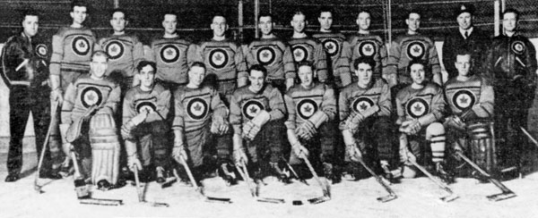 Canada's hockey team, represented by the RCAF Flyers, participates at the 1948 St. Moritz winter Olympics, on their way to a gold medal performance. (CP Photo/COA)