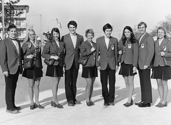 Canada's figure skating team (from left), Stanley Allen (manager), Cathy Irwin, Sandra and Val Berger, Karen Magnuseen, Taller Cranston, Mary Lynn Petrie, John Hubbell and Audrey Williams (women's manager) participates at the 1972 Sapporo winter Olympics.