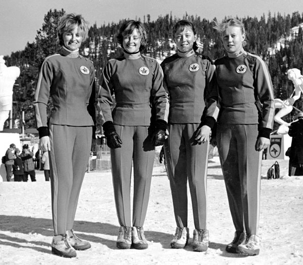 Canada's women's alpine ski team, Ann Heggtveit (slalom gold medal winner), Nancy Holland, Nancy Greene and Elizabeth Greene, participates at the 1960 Squaw Valley Olympics. (CP Photo/COA)