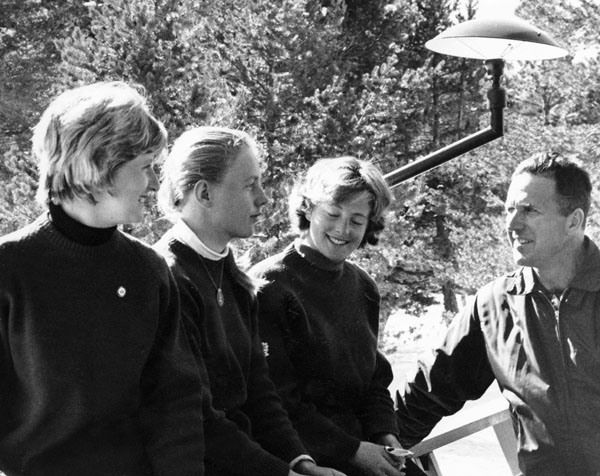 (From left to right) Canada's Ann Heggtveit (slalom gold medal winner), Elizabeth Greene and Nancy Holland participate in alpine ski events at the 1960 Squaw Valley Olympics. (CP Photo/COA)