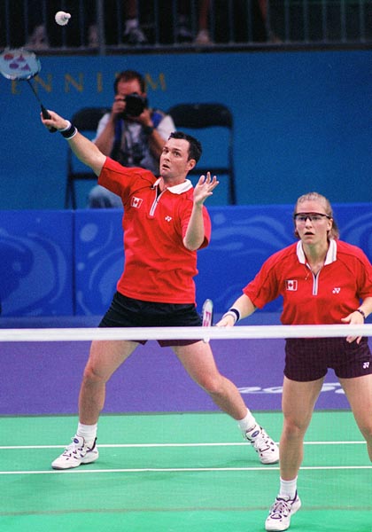 Canada's Milaine Cloutier and Bryan Moody compete in the mixed doubles badminton at the 2000 Sydney Olympic Games. (CP Photo/ COA)