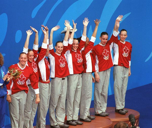 Canada's synchronized swimming on the winners podium at the 2000 Sydney Olympic Games. (CP Photo/ COA)