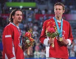 Canada's Daniel Nestor (R) and Sebastien Lareau after winning gold in men's doubles tennis at the 2000 Sydney Olympic Games. (Mike Ridewood/CP Photo/ COA)