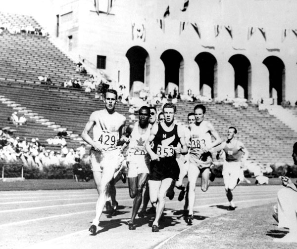 Canada's Phil Edwards (second from left) competes in an athletics event at the 1932 Los Angeles Olympics. Edwards won bronze medals in the 800 and 1,500m.  (CP Photo/COA)