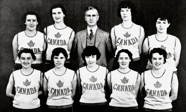 Canada's women's basketball team, represented by the Edmonton Grads, participate at the 1936 Berlin Olympics, finishing first in the demonstration event. (CP Photo/COA)