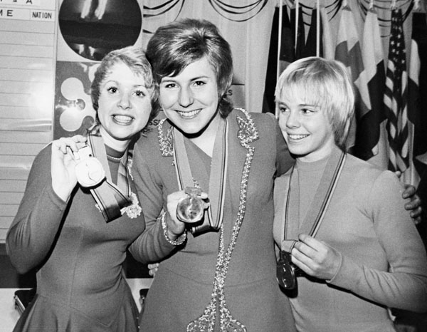 Canada's Karen Magnussen (left) celebrates her silver medal win in the figure skating event at the 1972 Sapporo winter Olympics. (CP Photo/COA)