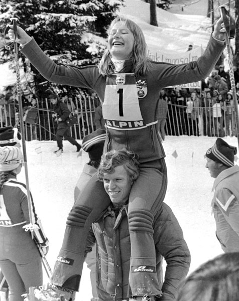 Canada's Kathy Kreiner celebrates her gold medal win the the giant slalom at the 1976 Winter Olympics in Innsbruck. (CP Photo/ COA)