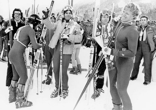Canada's Ken Read (third from left) and Jim Hunter (right) participate in the alpine ski event at the 1976 Winter Olympics in Innsbruck. (CP Photo/ COA)