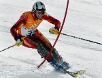 Canadian Edi Podivinsky, of Toronto, hoists his ski as leaves the Slalom course during the Men's Combined in Snow Basin, Utah Wednesday Feb. 13, at the 2002 Winter Olympic Games. Podivinsky did not qualify in the Slalom. (CP Photo/COA/Andre Forget)
