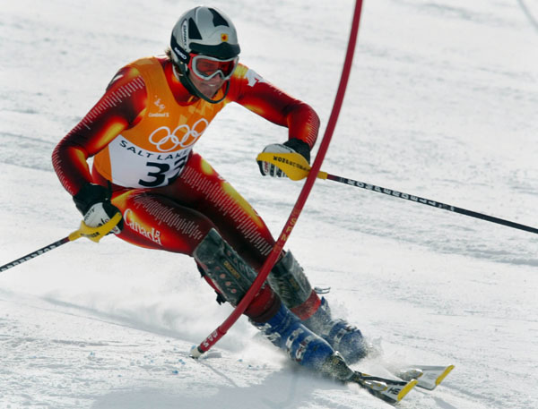 Canadian Darin McBeath, of Calgary, skies the Slalom course during the Men's Combined in Snow Basin, Utah Wednesday Feb. 13, at the 2002 Winter Olympic Games. (CP Photo/COA/Andre Forget)