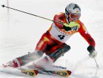 Canadian Edi Podivinsky, of Toronto, hoists his ski as leaves the Slalom course during the Men's Combined in Snow Basin, Utah Wednesday Feb. 13, at the 2002 Winter Olympic Games. Podivinsky did not qualify in the Slalom. (CP Photo/COA/Andre Forget)