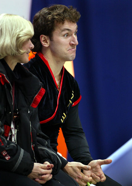 Canadian Figure Skater Elvis Stojko pulls a face after hearing his marks after the Mens Short Program in Salt Lake City, Utah Tuesday Feb. 12, at the 2002  Winter Olympic Games. (CP Photo/COA/Andre Forget)