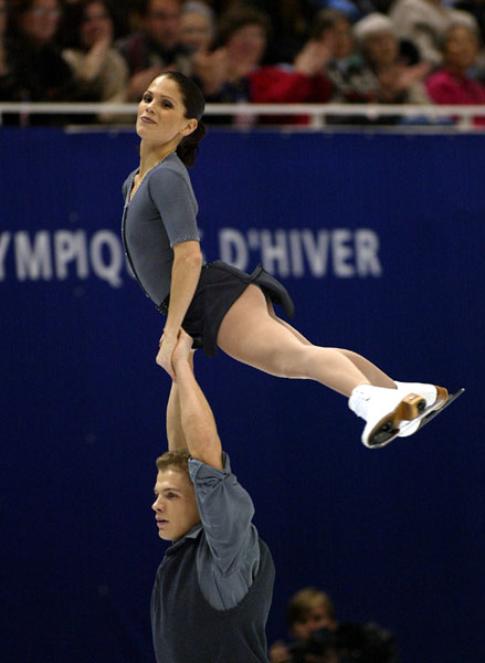 Canadian Jamie Sale soars above David Pelletier during their Pairs Free Skating in Salt Lake City, Utah Monday Feb. 11, at the 2002 Winter Olympics. They won a Silver medal for their skate.  (They will be co-awarded the gold later on after an ISU's decision.) (CP Photo/COA/Andre Forget)