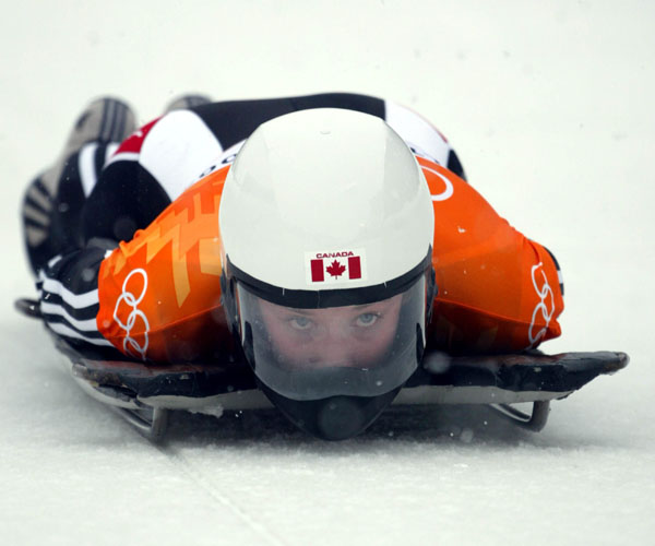 Canadian women's skeleton rider Lindsay Alcock as she slides down the track at the 2002 Olympic Winter Games in Salt Lake City. (CP Photo/COA/Andre Forget).