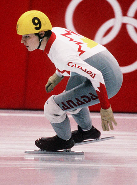Canada's Annie Perreault competes in the short track speed skating event at the 1992 Albertville Olympic winter Games. (CP PHOTO/COA/Ted Grant)