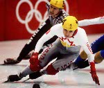 Canada's Michel Daigneault (right) competes in the short track speed skating event at the 1992 Albertville Olympic winter Games. (CP PHOTO/COA/Ted Grant)
