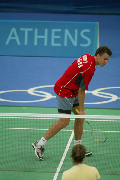Philippe Bourret of Montral, Qubec, during a badminton training for the summer Olympic Games in Athens, Greece, Tuesday, August 10, 2004. (CP PHOTO/COC-Mike Ridewood)