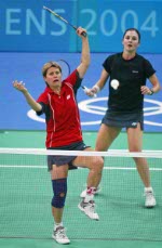 Helen Nichol of Burlington, Ontario (right) and Charmaine Reid of Calgary (left) during a badminton training for the summer Olympic Games in Athens, Greece, Tuesday, August 10, 2004. (CP PHOTO/COC-Mike Ridewood)