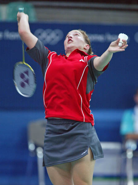 Helen Nichol of Burlington, Ont. returns a shot during badminton training for the summer Olympics in Athens, Greece, Tuesday, August 10, 2004.  (CP PHOTO/COC-Mike Ridewood)