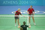 Helen Nichol of Burlington, Ontario (right) and Charmaine Reid of Calgary (left) during a badminton training for the summer Olympic Games in Athens, Greece, Tuesday, August 10, 2004. (CP PHOTO/COC-Mike Ridewood)