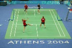 Women's doubles badminton athletes (clockwise) Denyse Julien of Calgary, Anna Rice of Vancouver, Helen Nichol of Burlington, Ont. and Charmaine Reid of Calgary train for the summer Olympic Games in Athens, Greece, Tuesday, August 10, 2004. (CP PHOTO/COC-Mike Ridewood)