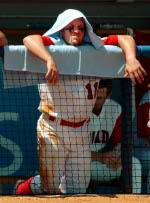 Robert Ducey stretchs out during practice of the Canadian Baseball team at the Athens 2004 Summer Olympic Games August 12, 2004. (CP PHOTO 2004/Andre Forget/COC)