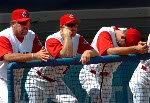 Canada's mens baseball team manager Ernie Whitt (left) and coaches Tim Leiper (center) and Denis Boucher (right) watch the final minutes of the bronze medal match against Japan during the Athens 2004 Summer Olympic Games Wednesday August 25, 2004. Japan went on to win bronze. (CP PHOTO/COC-Andre Forget)