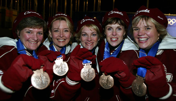 Canadian women's curling team (from left to right): Cheryl Noble, Kelly Law, Diane Nelson, Julie Skinner and Georgina Wheatcroft. Winners of a bronze medal at the 2002 Olympic Winter Games in Salt Lake City. (CP PHOTO/COA/Andr Forget).