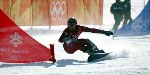 Mark Fawcett, of Rothesay, N.B., races down the slalom course during the men's parallel giant slalom qualifications in Park City, Utah, Thursday Feb. 14, at the 2002 Olympic Winter Games. Fawcett failed to qualify. (CP PHOTO/COA/Andre Forget)