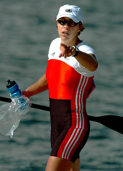 Canada's Caroline Brunet of Montreal, Quebec points to her coach after racing in the K1 500m heat during the Athens 2004 Summer Olympic Games  Thursday August 24, 2004. Brunet placed first in the heat.(CP PHOTO/COC-Andre Forget)