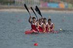 Canada's Steven Jorens, Richard Dober, Ryan Cuthbert and Andrew Willows paddle in the K4 1000m final in Schinias at the 2004 Summer Olympic Games in Athens, Greece, on Friday, August 27, 2004. Canada's team came in ninth. (CP PHOTO 2004/Andre Forget/COC)