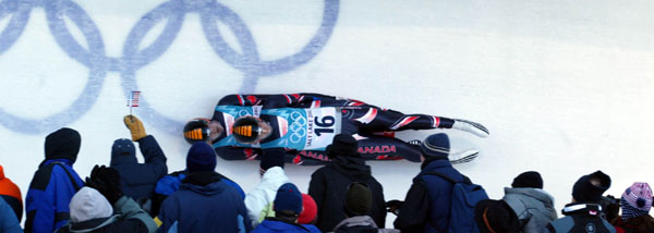 Canadian Doubles Luge team Grant Albrecht and Mike Moffat race down the track at the Utah Olympic Park in Park City, Utah Friday Feb. 15, at the 2002 Winter Olympic Games. (CP Photo/COA/Andre Forget).