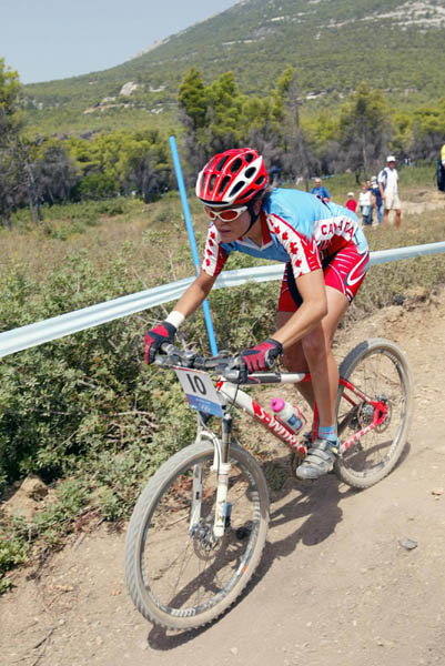 Canada's Kiara Bisaro of Courtney, B.C., finished fifteenth in women's mountain bike at the Athens Olympics, Friday, August 27, 2004.(CP PHOTO/COC-Mike Ridewood)