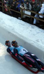 Canadian Doubles Luge team Chris Moffat and Eric Pothier race down the track at the Utah Olympic Park in Park City, Utah Friday Feb. 15, at the 2002 Olympic Winter Games. (CP Photo/COA/ Andre Forget).
