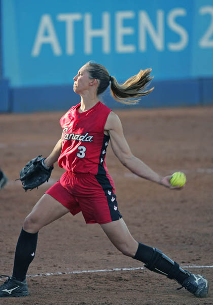 Lauren Bay of Trail, B.C. pitched a 2 - 0 shutout against Taiwan in women's softball at the Athens Olympics, Saturday, August 14, 2004.  (CP PHOTO/COC-Mike Ridewood)