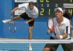 Frederic Niemeyer of Campbellton, N.B. in the first round of doubles tennis against Slovakia at the Olympic Games in Athens, Sunday, August 15, 2004. (CP PHOTO/COC-Mike Ridewood)