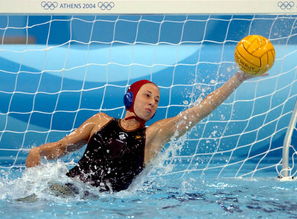 Canadian goalkeeper Whynter Lamarre makes a save during Waterpolo action against Russia during the Athens 2004 Summer Olympic Games August 16, 2004. (CP PHOTO 2004/Andre Forget/COC)