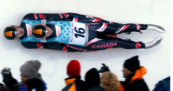 Canadian Doubles Luge team Grant Albrecht and Mike Moffat race down the track at the Utah Olympic Park in Park City, Utah Friday Feb. 15, at the 2002 Olympic Winter Games. (CP Photo/COA/AndreForget)